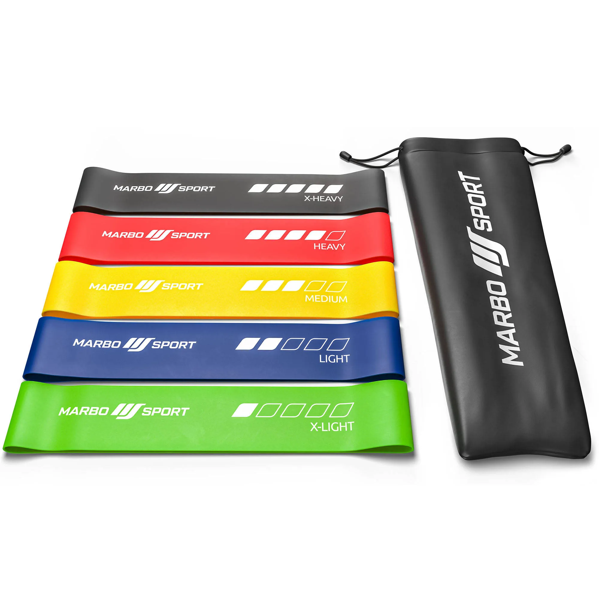 Sada 5 odporových gúm Marbo Sport 600 × 50 mm – odpor 2,5–18 kg