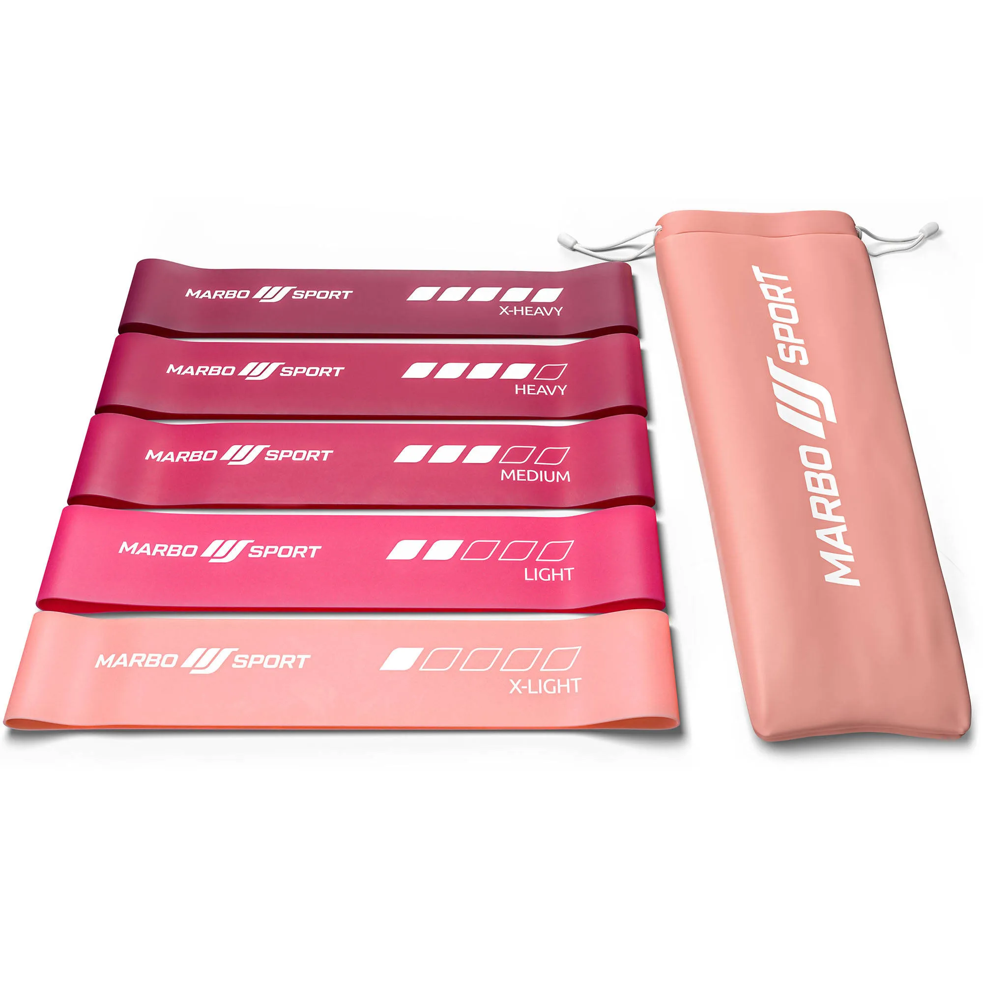 Sada 5 ružových odporových gúm Marbo Sport 600 × 50 mm – odpor 2,5–18 kg
