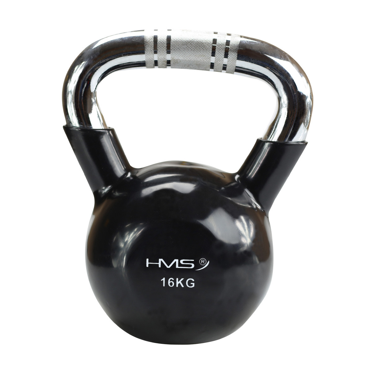 Kettlebell 16 Kg železný pogumovaný s chrómovaným úchopom HMS