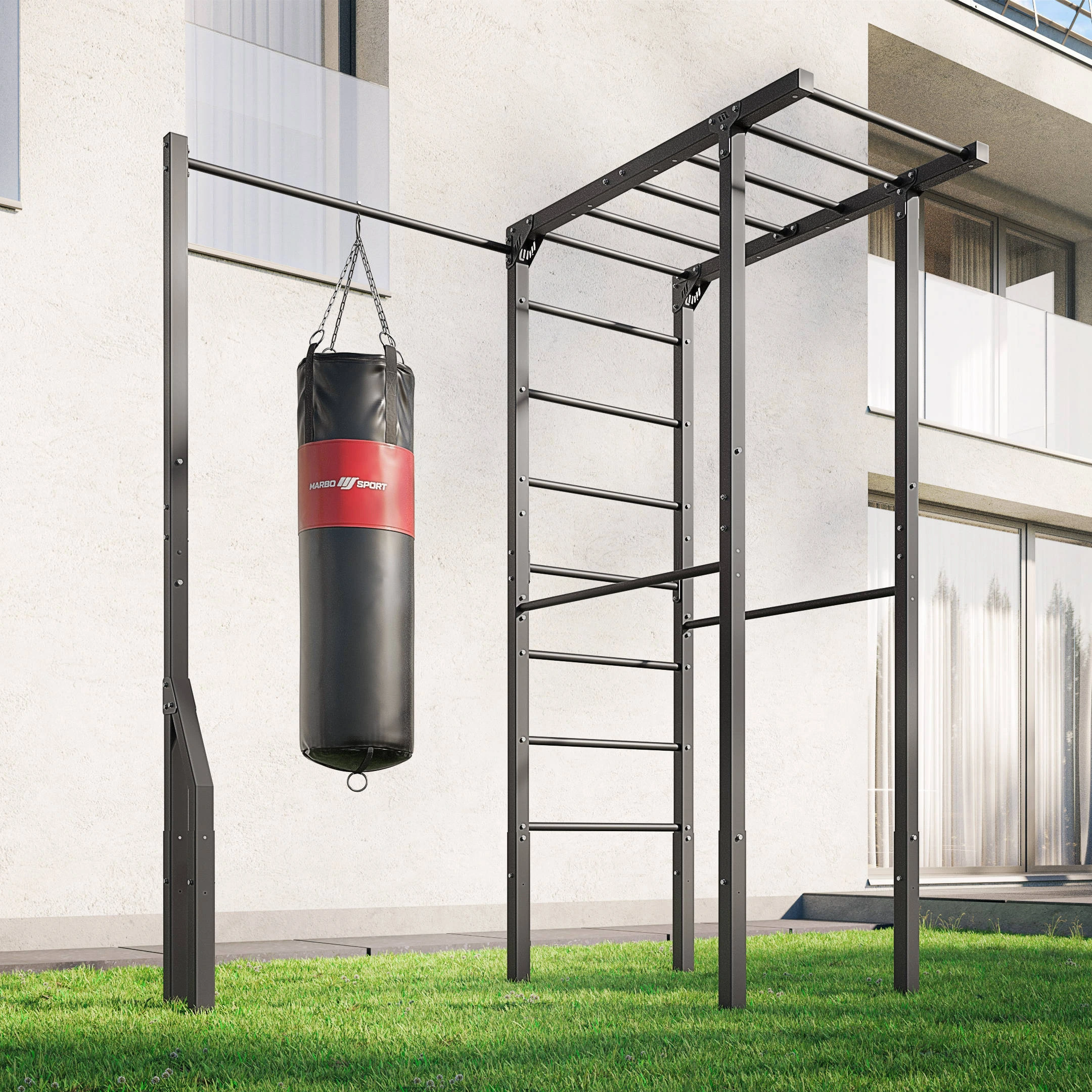 Marbo Sport Outdoor MO-Z4 – kompletná vonkajšia posilňovacia zostava s gymnastickými rebrinami, hrazdou a hákom na boxovacie vrece