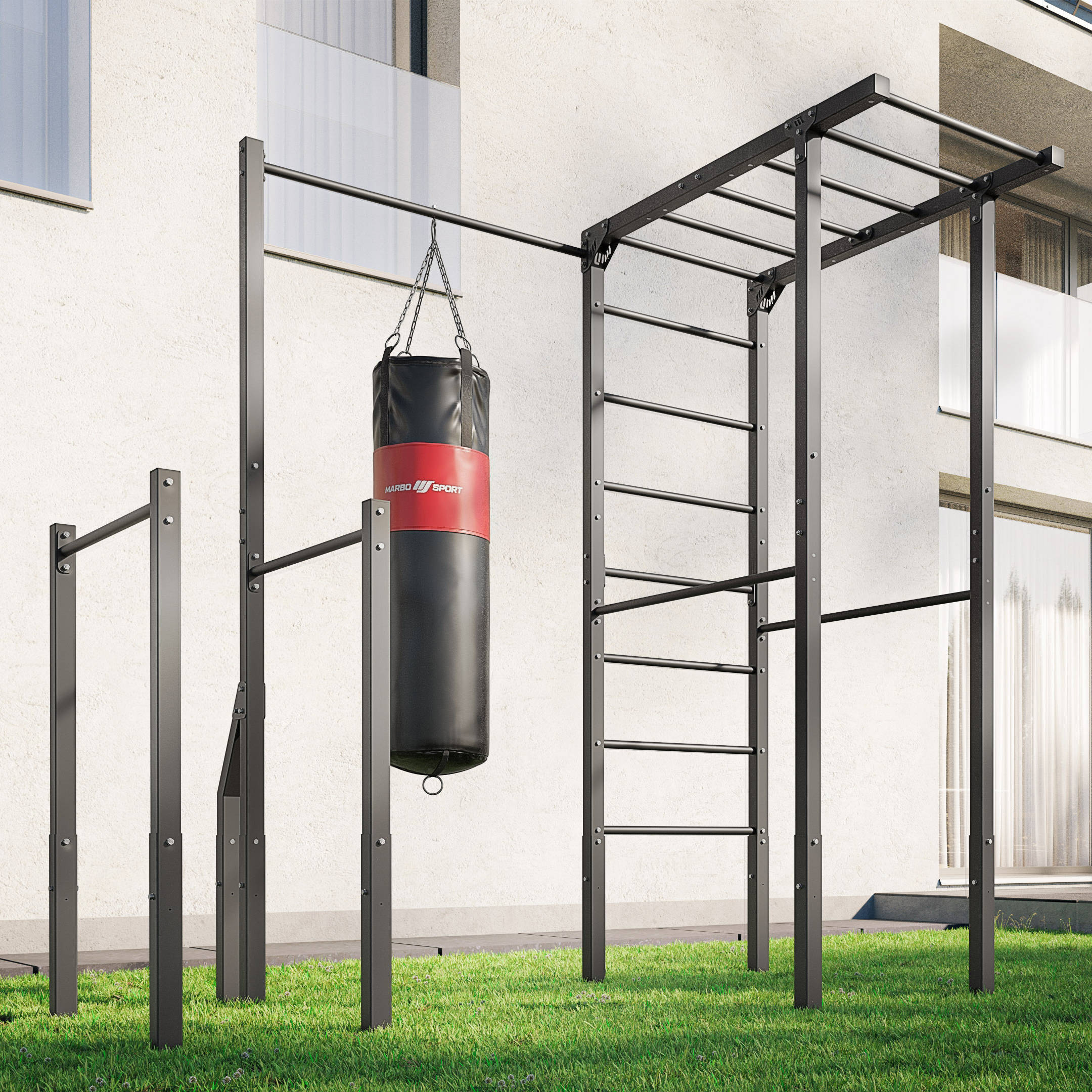 Marbo Sport Outdoor MO-Z5 – multifunkčná vonkajšia posilňovacia zostava s rebrinami, hrazdou a bradlami na dipy