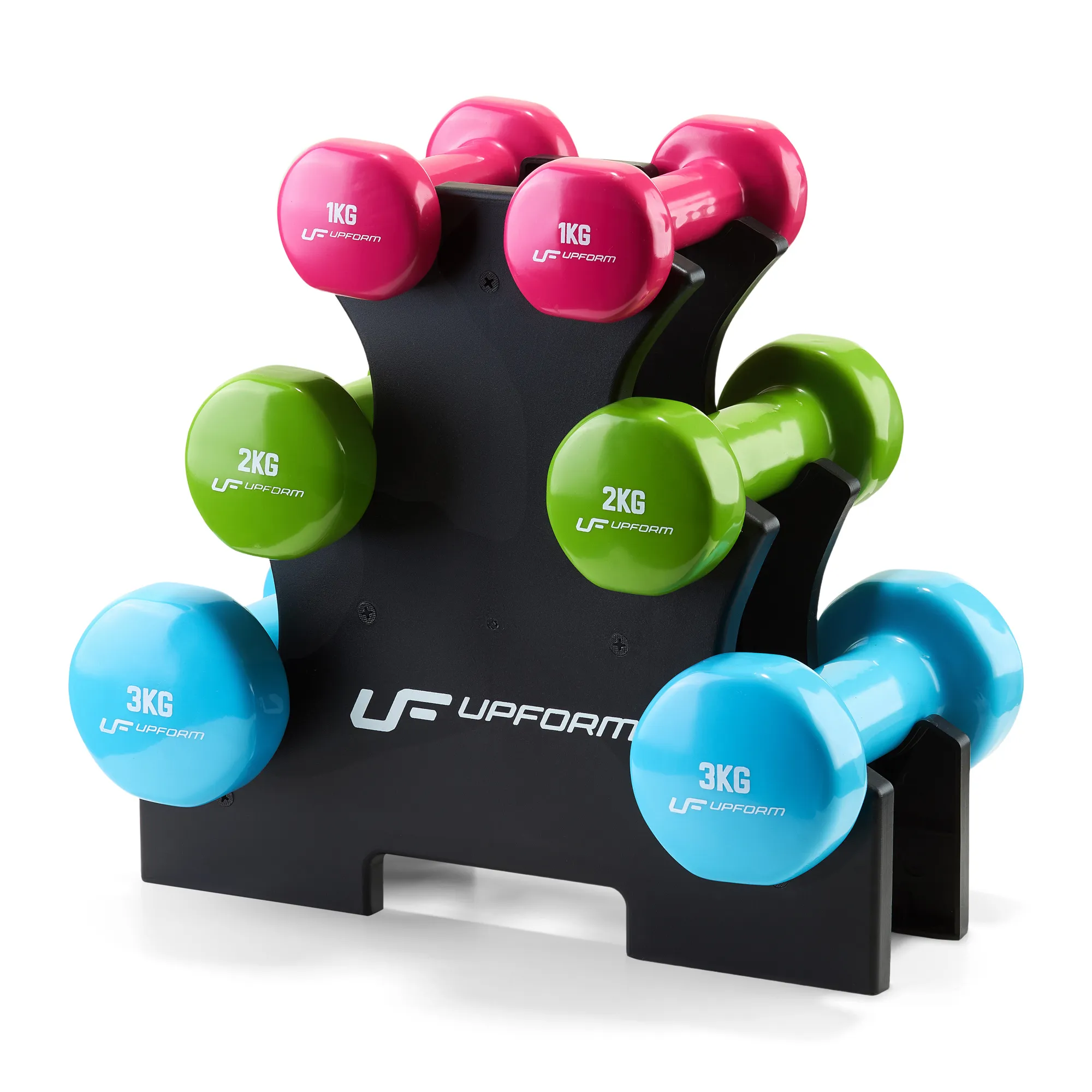 Sada vinylových fitness činiek UpForm 12 kg so stojanom – páry 1, 2 a 3 kg