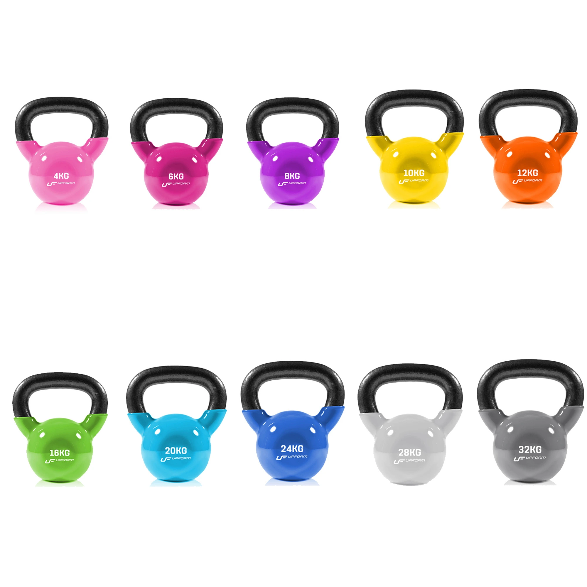 Sada 10 vinylových liatinových kettlebellov UpForm 4–32 kg – produktová fotografia